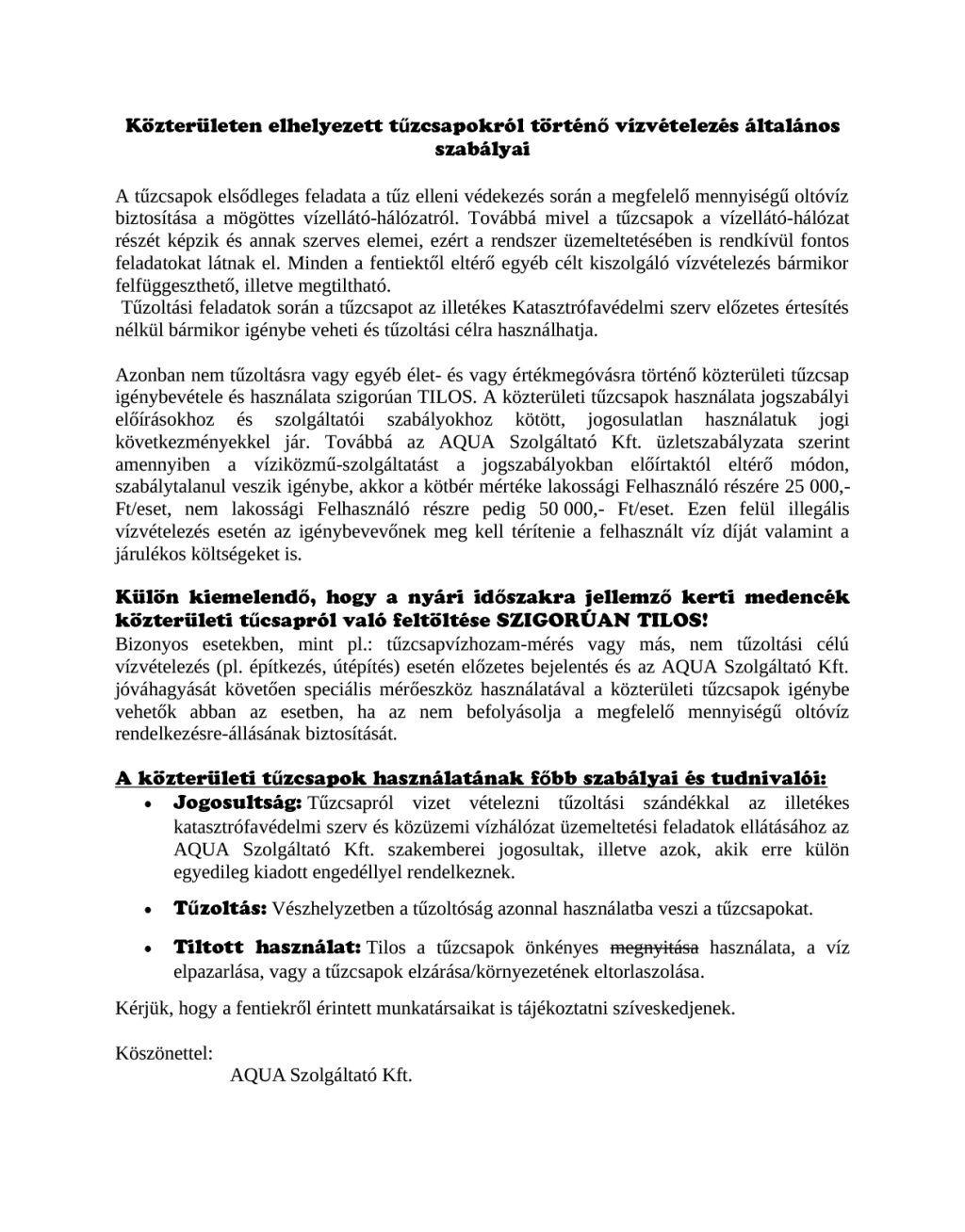 Tűzcsapok használata tájékoztatás