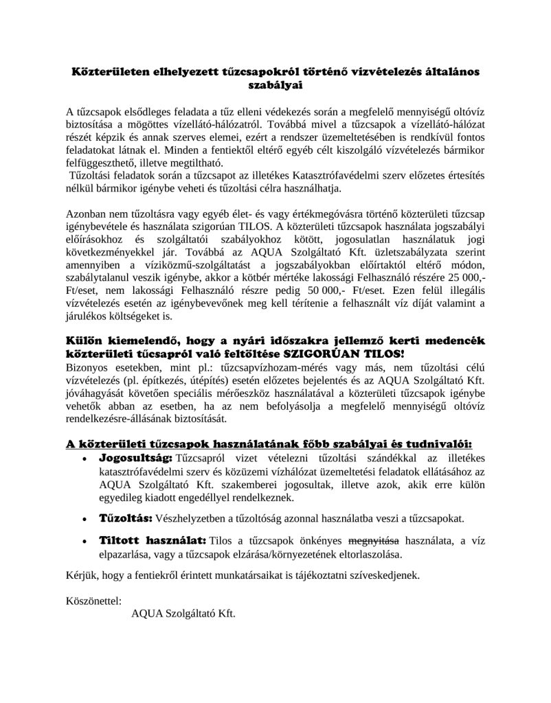 Tűzcsapok használata tájékoztatás